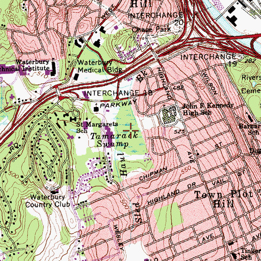 Topographic Map of Tamarack Swamp, CT