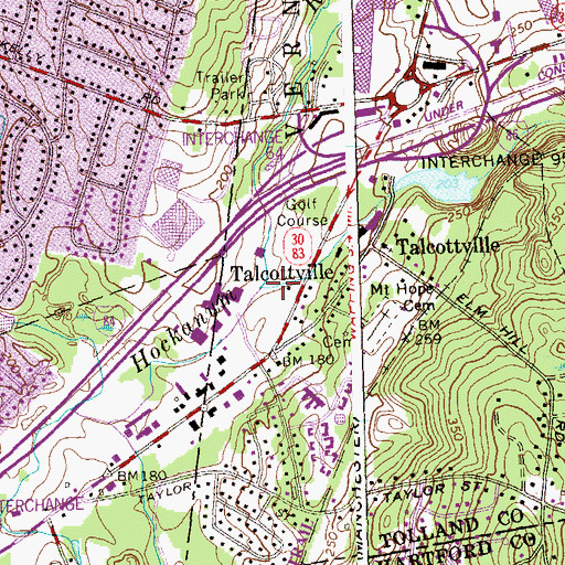 Topographic Map of Tankerhoosen River, CT