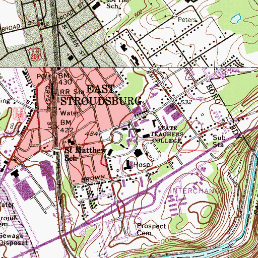 Topographic Map of Stroud Hall, PA