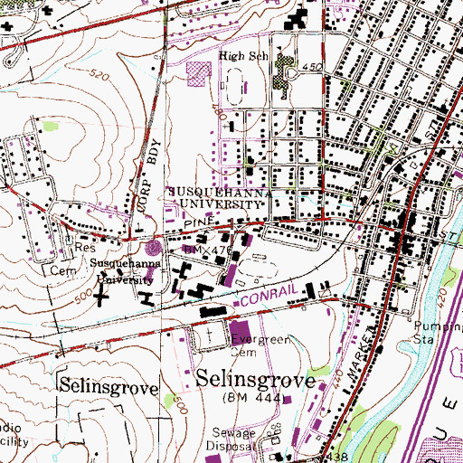 Topographic Map of Selins Grove, PA