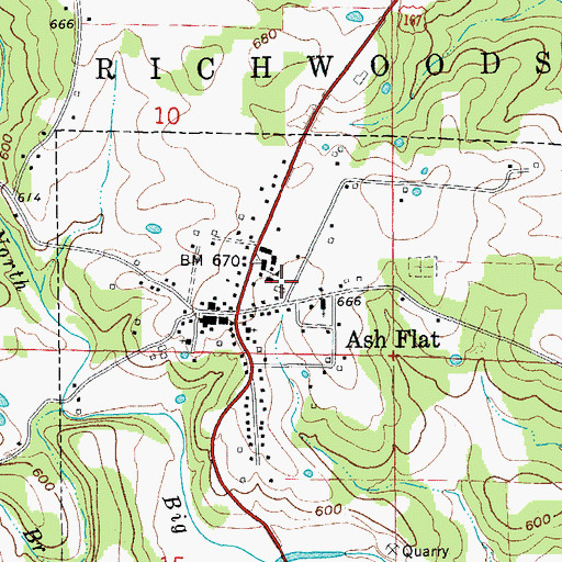 Topographic Map of Ash Flat Volunteer Fire Department, AR