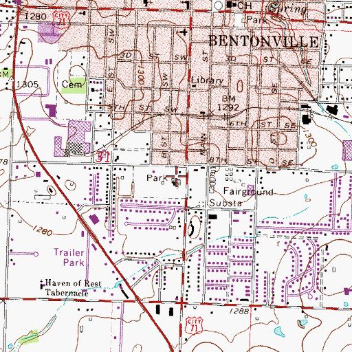 Topographic Map of Bentonville Fire Department Station 1, AR