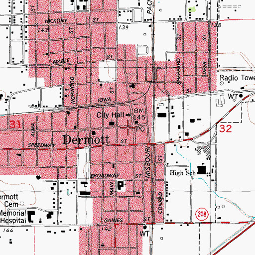Topographic Map of Dermott Volunteer Fire Station, AR