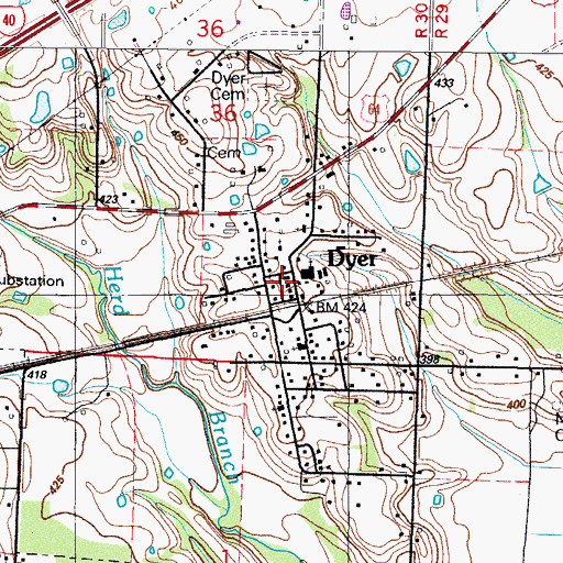Topographic Map of Dyer Fire Station, AR