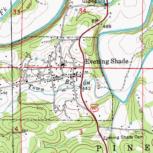 Topographic Map of Evening Shade Volunteer Fire Station, AR