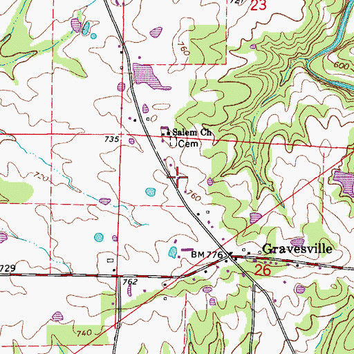Topographic Map of Gravesville Volunteer Fire Station, AR