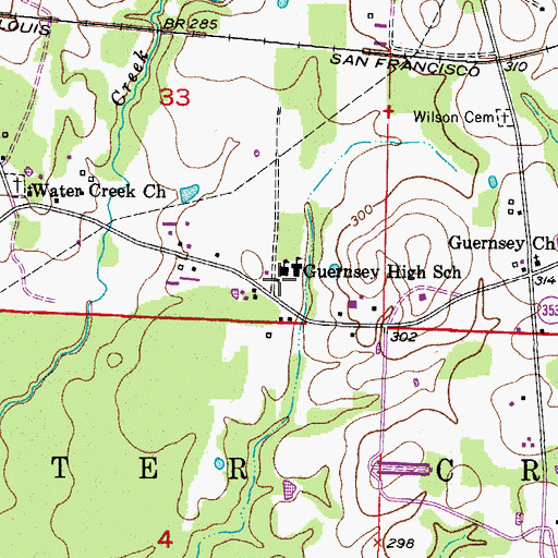 Topographic Map of Guernsey Volunteer Fire Department, AR