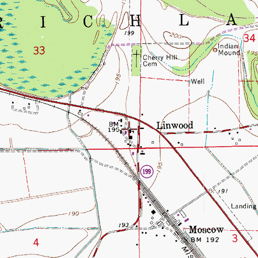 Topographic Map of Linwood Moscow Volunteer Fire Department, AR