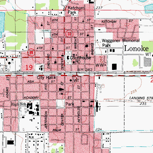 Topographic Map of Lonoke Volunteer Fire Station, AR