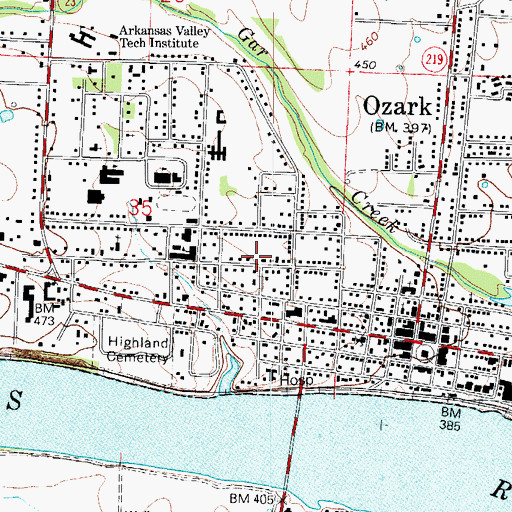 Topographic Map of Ozark Volunteer Fire Department Station 1, AR