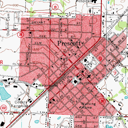Topographic Map of Prescott Fire Department, AR