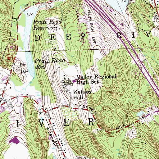 Topographic Map of Valley Regional High School, CT