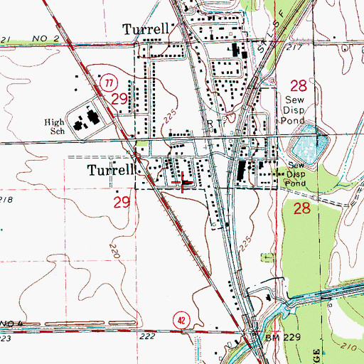 Topographic Map of Turrell Volunteer Fire Department, AR
