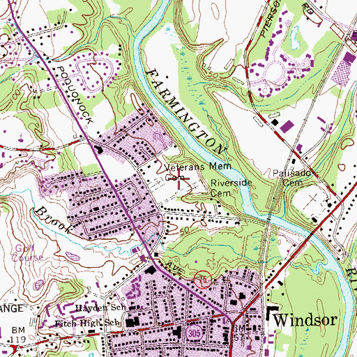 Topographic Map of Windsor Veterans Memorial Cemetery, CT