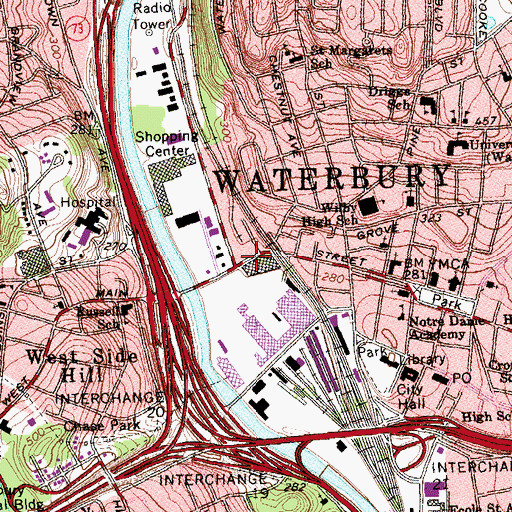 Topographic Map of Waterbury, CT