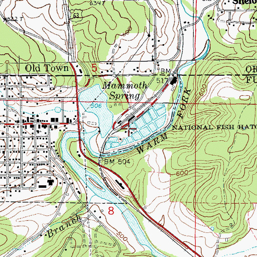 Topographic Map of United States Fish and Wildlife Mammoth Springs National Fish Hatchery Park Security, AR