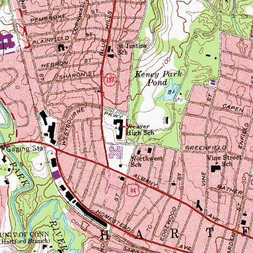 Topographic Map of Weaver High School, CT