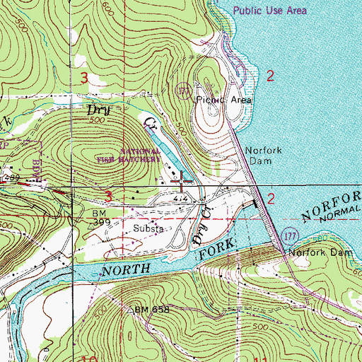 Topographic Map of United States Fish and Wildlife Norfolk National Fish Hatchery Park Security, AR