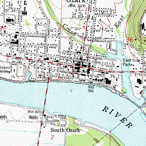 Topographic Map of Ozark Police Department, AR