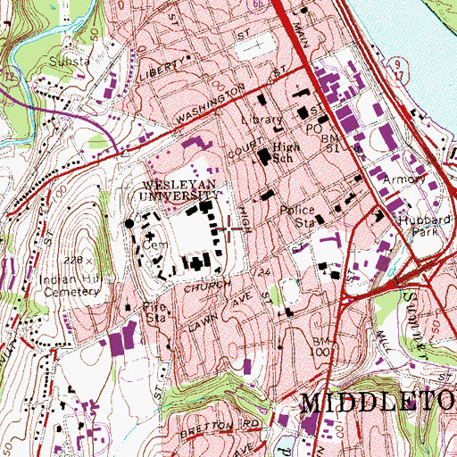 Topographic Map of Wesleyan University, CT