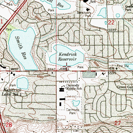 Topographic Map of Kendrick Lake Park, CO