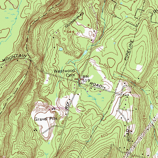 Topographic Map of Westwoods Cemetery, CT