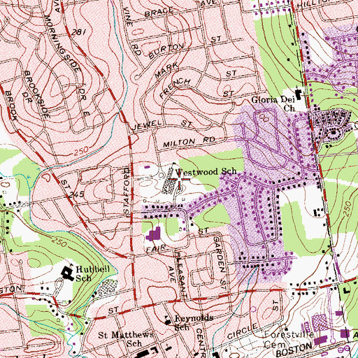 Topographic Map of Westwood School, CT