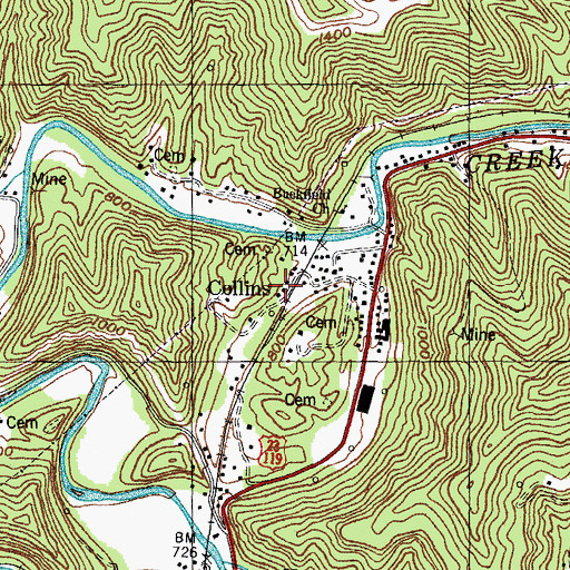 Topographic Map of Collins Railroad Station (historical), KY