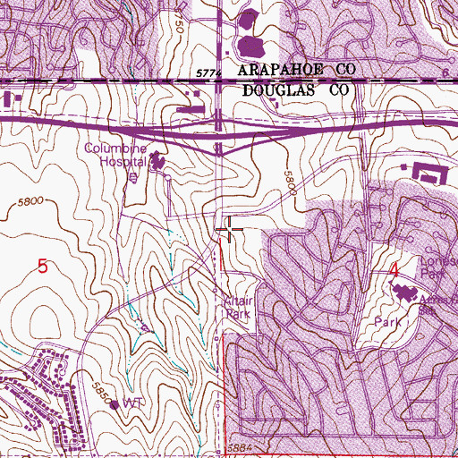 Topographic Map of Lone Tree Town Center Shopping Center, CO