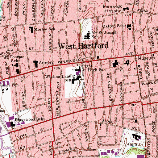 Topographic Map of Whiting Lane School, CT