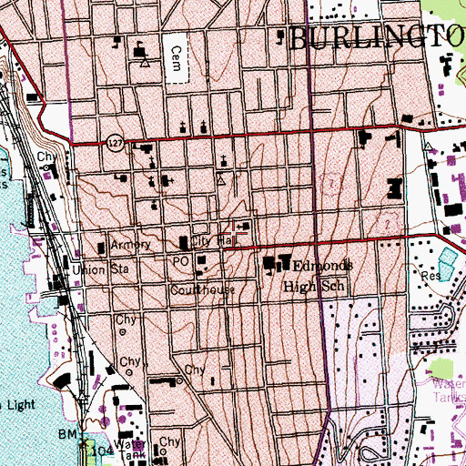 Topographic Map of Burlington Fire Department Station 1 Central Station, VT