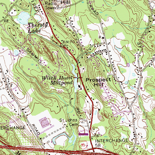 Topographic Map of Witch Hazel Millpond, CT