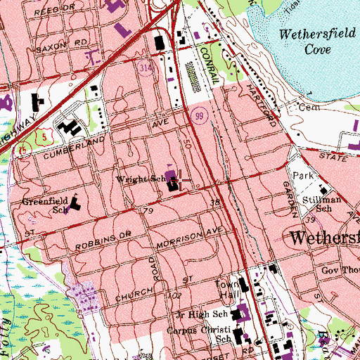 Topographic Map of Charles Wright Elementary School, CT