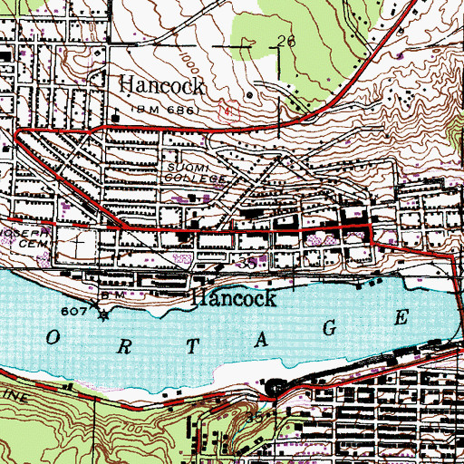 Topographic Map of Hancock Middle School, MI
