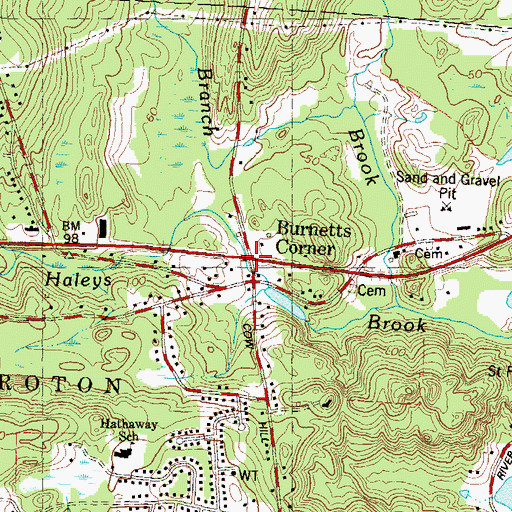 Topographic Map of Burnetts Corner, CT