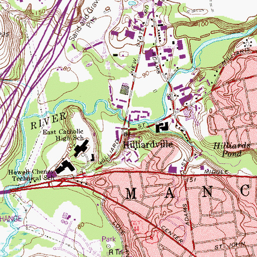 Topographic Map of Hilliardville, CT