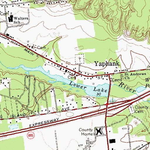 Topographic Map of Old Yaphank Baptist Cemetery, NY