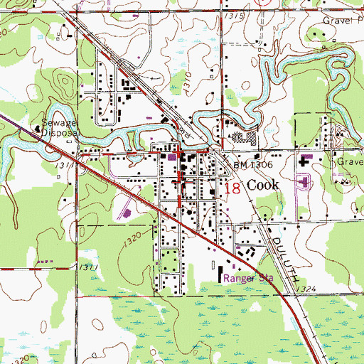 Topographic Map of Cook Post Office, MN