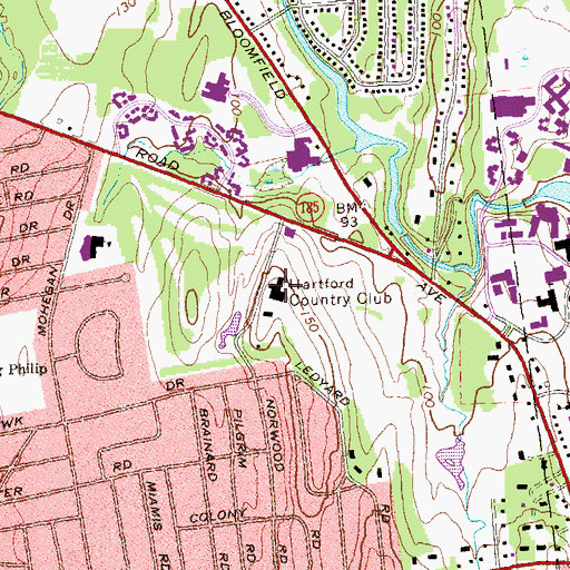 Topographic Map of Hartford Country Club, CT