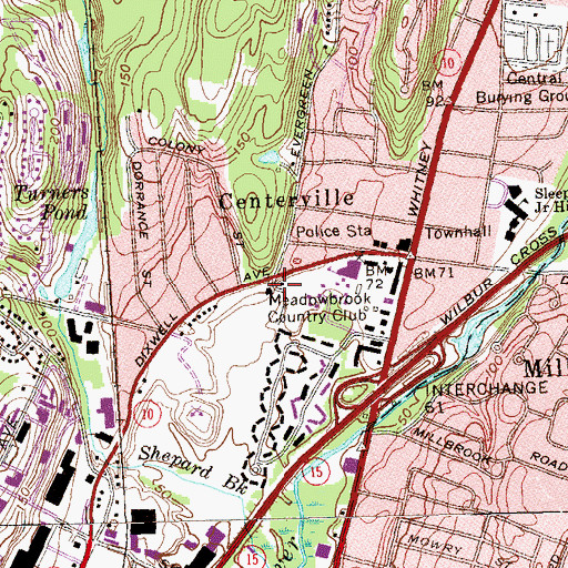 Topographic Map of Meadowbrook Country Club, CT