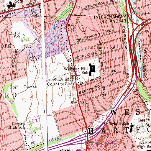 Topographic Map of Rockledge Country Club, CT