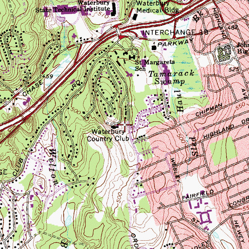 Topographic Map of Waterbury Country Club, CT