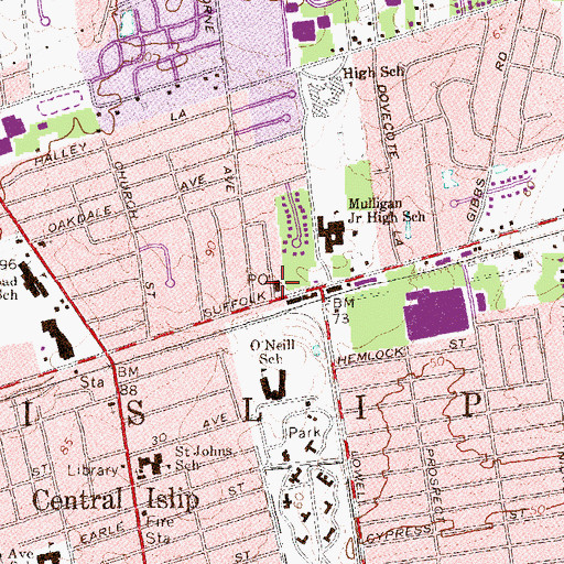 Topographic Map of Central Islip Post Office, NY
