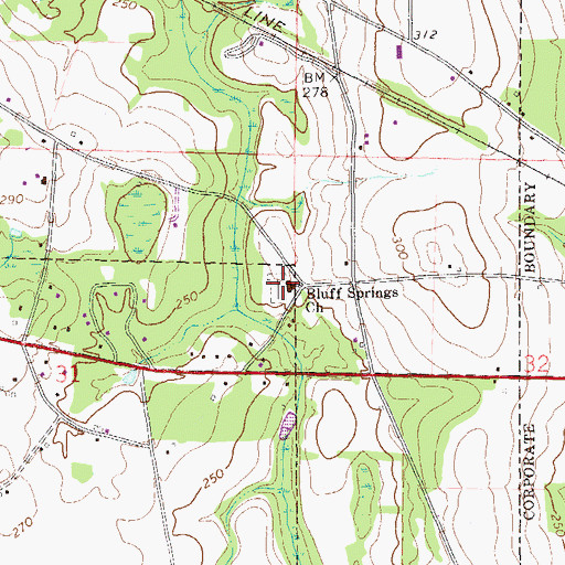 Topographic Map of Bluff Springs Cemetery, AL