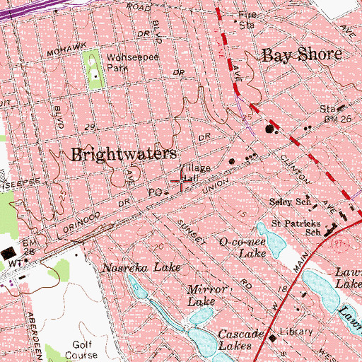 Topographic Map of Brightwaters Village Hall, NY