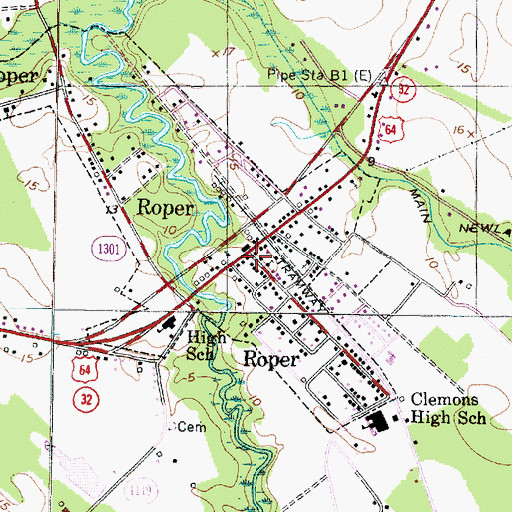 Topographic Map of Roper Police Department, NC