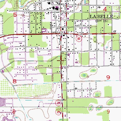 Topographic Map of La Belle Fire Department, FL