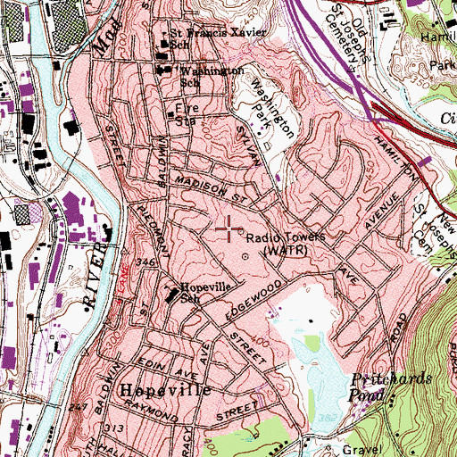 Topographic Map of WATR-AM (Waterbury), CT