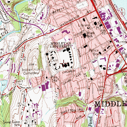 Topographic Map of WESU-FM (Middleton), CT