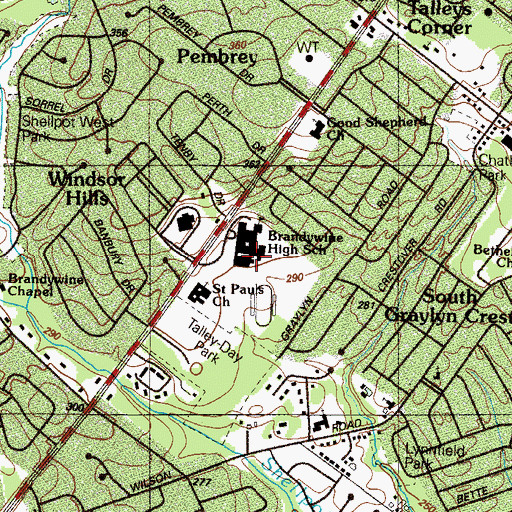 Topographic Map of Brandywine High School, DE
